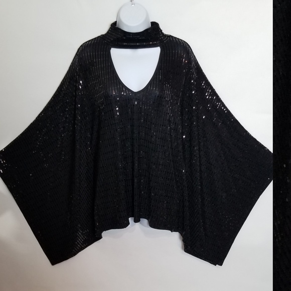 Sequin Poncho Style Top With Batwing Sleeves - Picture 3 of 7